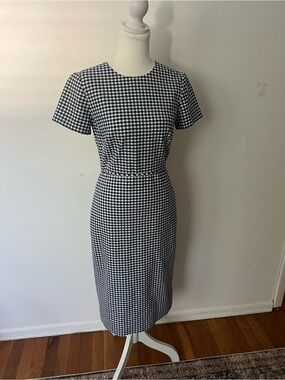J. Crew Navy/White Gingham Midi Dress, women’s 00, office cottage occasion